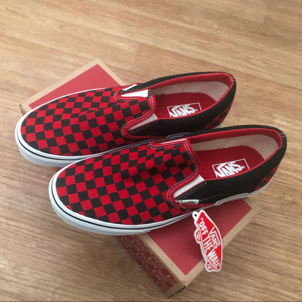 Slip on vans checkered red/ black size 10